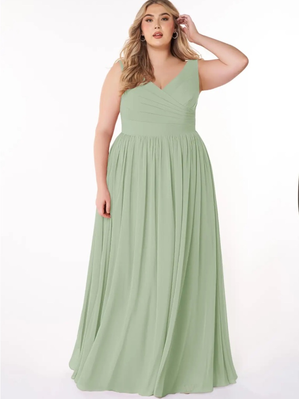 NWT Azazie Keyla Dusty Sage A-Line V-Neck Pleated Chiffon Dress